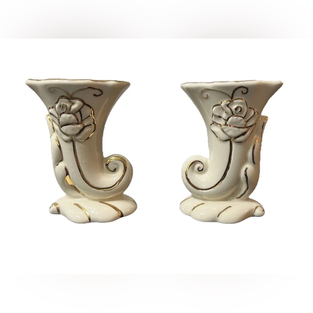 Vintage Ceramic Vases Pair Cornucopia Horn of Plenty Beige Gold  MCM Art Nouveau